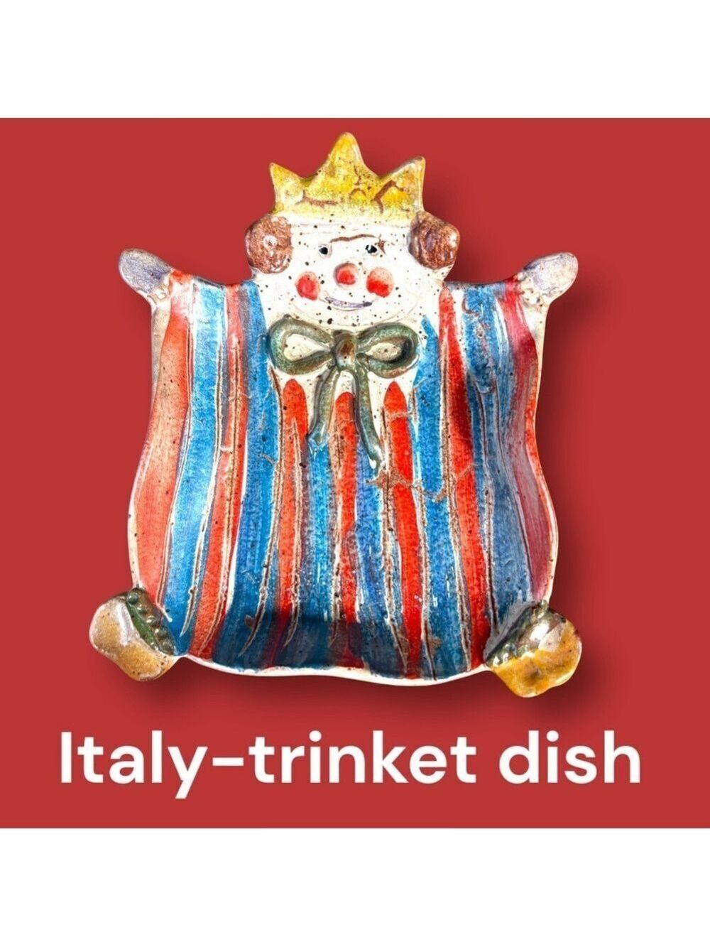 Italy-trinket dish clown hand-painted glazed pottery. Unique and colorful EUC!